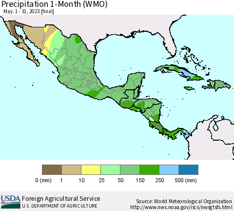 Mexico Central America and the Caribbean Precipitation 1-Month (WMO) Thematic Map For 5/1/2023 - 5/31/2023