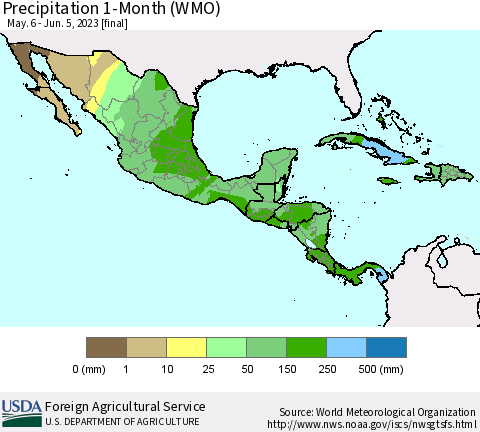 Mexico Central America and the Caribbean Precipitation 1-Month (WMO) Thematic Map For 5/6/2023 - 6/5/2023