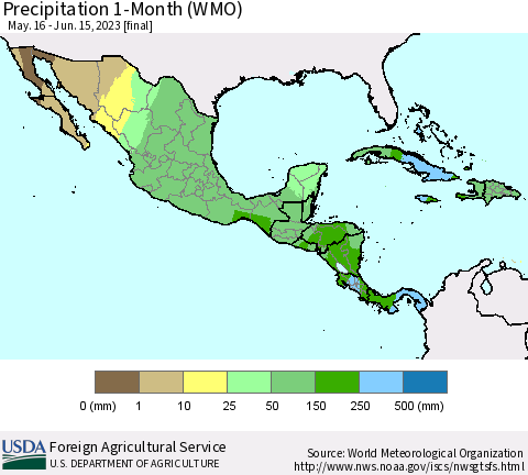 Mexico Central America and the Caribbean Precipitation 1-Month (WMO) Thematic Map For 5/16/2023 - 6/15/2023