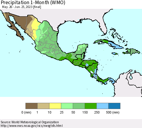 Mexico Central America and the Caribbean Precipitation 1-Month (WMO) Thematic Map For 5/26/2023 - 6/25/2023