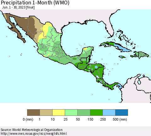 Mexico Central America and the Caribbean Precipitation 1-Month (WMO) Thematic Map For 6/1/2023 - 6/30/2023