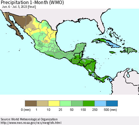 Mexico Central America and the Caribbean Precipitation 1-Month (WMO) Thematic Map For 6/6/2023 - 7/5/2023