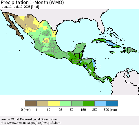 Mexico Central America and the Caribbean Precipitation 1-Month (WMO) Thematic Map For 6/11/2023 - 7/10/2023