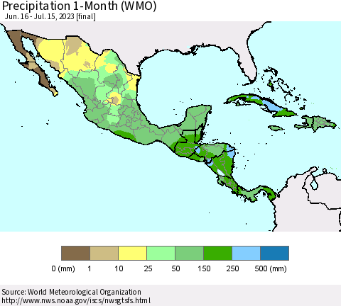 Mexico Central America and the Caribbean Precipitation 1-Month (WMO) Thematic Map For 6/16/2023 - 7/15/2023