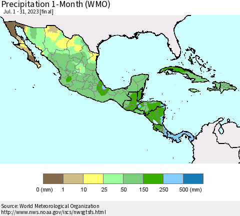 Mexico Central America and the Caribbean Precipitation 1-Month (WMO) Thematic Map For 7/1/2023 - 7/31/2023