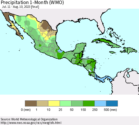 Mexico Central America and the Caribbean Precipitation 1-Month (WMO) Thematic Map For 7/11/2023 - 8/10/2023