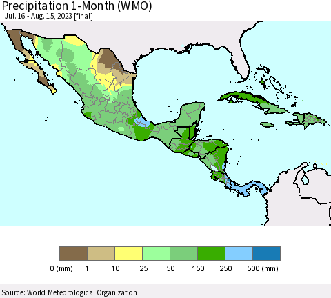 Mexico Central America and the Caribbean Precipitation 1-Month (WMO) Thematic Map For 7/16/2023 - 8/15/2023