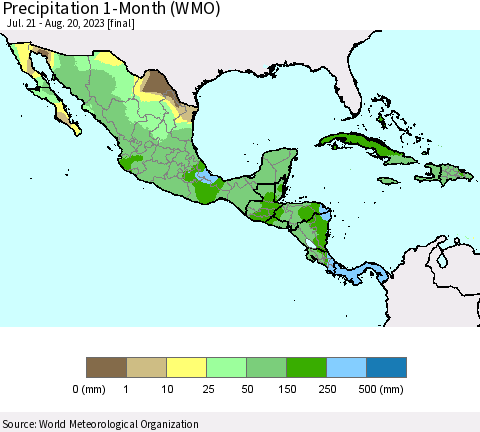 Mexico Central America and the Caribbean Precipitation 1-Month (WMO) Thematic Map For 7/21/2023 - 8/20/2023