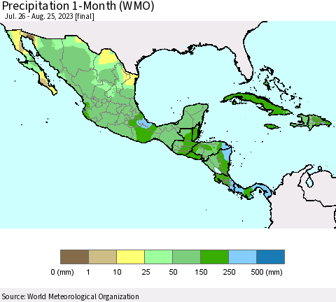 Mexico Central America and the Caribbean Precipitation 1-Month (WMO) Thematic Map For 7/26/2023 - 8/25/2023