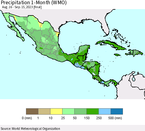 Mexico Central America and the Caribbean Precipitation 1-Month (WMO) Thematic Map For 8/16/2023 - 9/15/2023