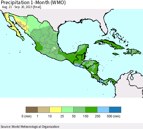 Mexico Central America and the Caribbean Precipitation 1-Month (WMO) Thematic Map For 8/21/2023 - 9/20/2023