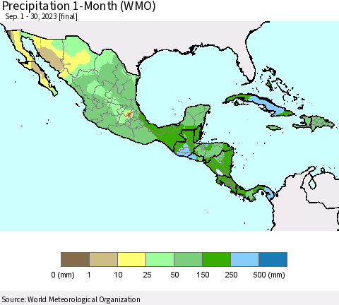 Mexico Central America and the Caribbean Precipitation 1-Month (WMO) Thematic Map For 9/1/2023 - 9/30/2023