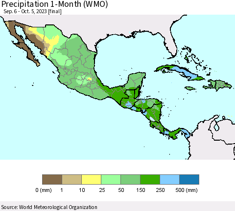 Mexico Central America and the Caribbean Precipitation 1-Month (WMO) Thematic Map For 9/6/2023 - 10/5/2023