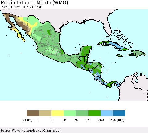 Mexico Central America and the Caribbean Precipitation 1-Month (WMO) Thematic Map For 9/11/2023 - 10/10/2023