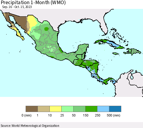 Mexico Central America and the Caribbean Precipitation 1-Month (WMO) Thematic Map For 9/16/2023 - 10/15/2023