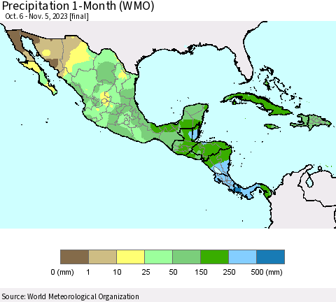 Mexico Central America and the Caribbean Precipitation 1-Month (WMO) Thematic Map For 10/6/2023 - 11/5/2023