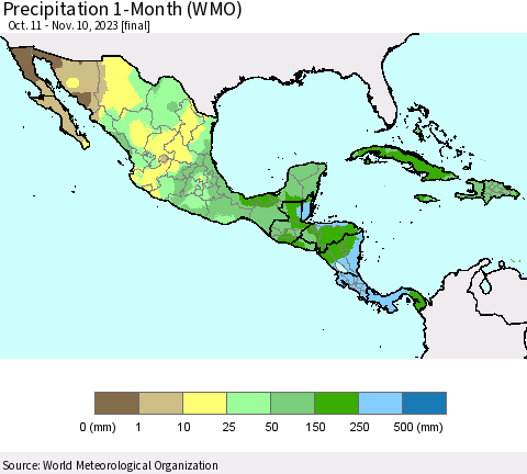 Mexico Central America and the Caribbean Precipitation 1-Month (WMO) Thematic Map For 10/11/2023 - 11/10/2023