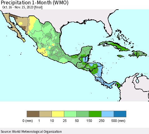 Mexico Central America and the Caribbean Precipitation 1-Month (WMO) Thematic Map For 10/16/2023 - 11/15/2023