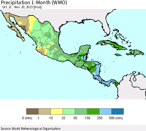 Mexico Central America and the Caribbean Precipitation 1-Month (WMO) Thematic Map For 10/21/2023 - 11/20/2023