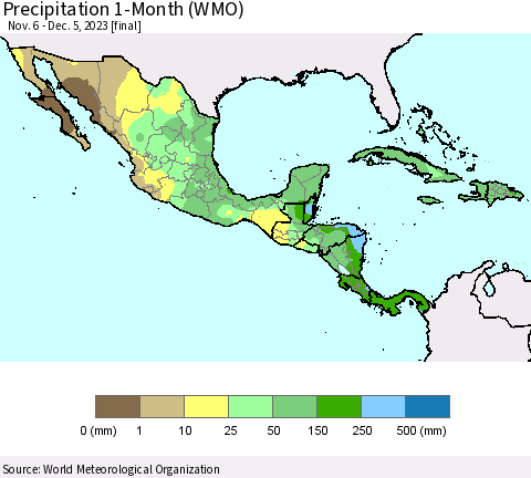 Mexico Central America and the Caribbean Precipitation 1-Month (WMO) Thematic Map For 11/6/2023 - 12/5/2023