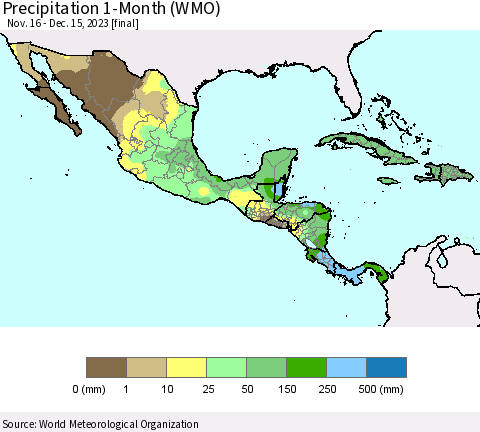 Mexico Central America and the Caribbean Precipitation 1-Month (WMO) Thematic Map For 11/16/2023 - 12/15/2023