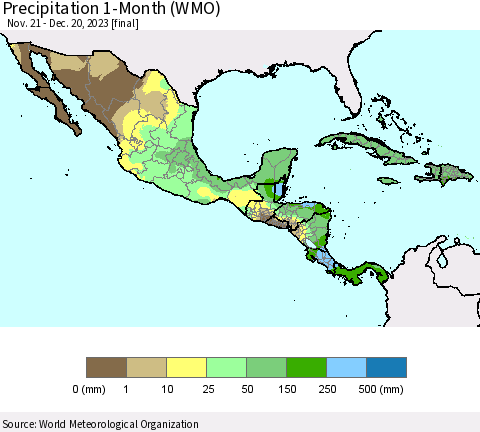 Mexico Central America and the Caribbean Precipitation 1-Month (WMO) Thematic Map For 11/21/2023 - 12/20/2023