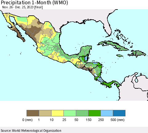 Mexico Central America and the Caribbean Precipitation 1-Month (WMO) Thematic Map For 11/26/2023 - 12/25/2023