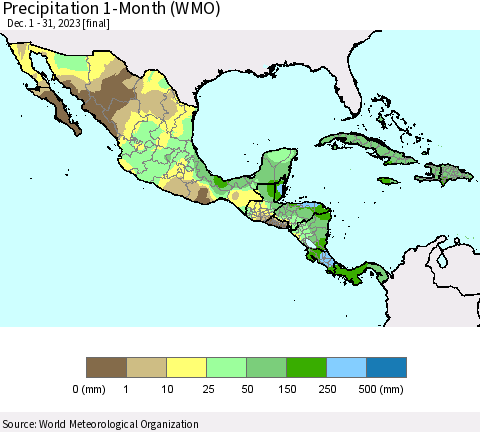 Mexico Central America and the Caribbean Precipitation 1-Month (WMO) Thematic Map For 12/1/2023 - 12/31/2023