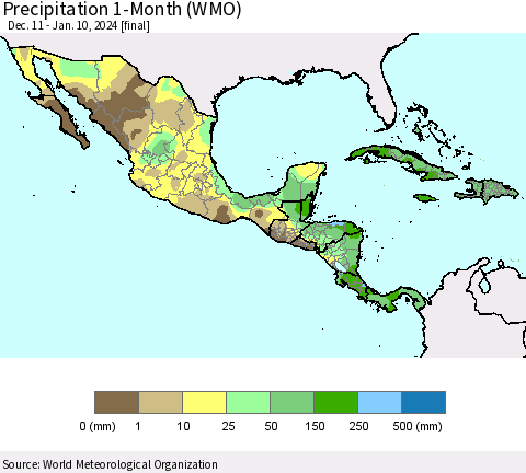Mexico Central America and the Caribbean Precipitation 1-Month (WMO) Thematic Map For 12/11/2023 - 1/10/2024