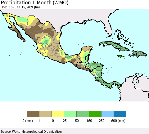 Mexico Central America and the Caribbean Precipitation 1-Month (WMO) Thematic Map For 12/16/2023 - 1/15/2024
