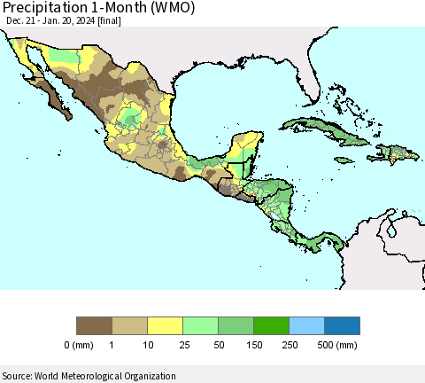 Mexico Central America and the Caribbean Precipitation 1-Month (WMO) Thematic Map For 12/21/2023 - 1/20/2024
