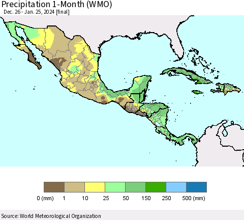 Mexico Central America and the Caribbean Precipitation 1-Month (WMO) Thematic Map For 12/26/2023 - 1/25/2024