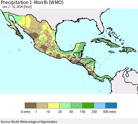 Mexico Central America and the Caribbean Precipitation 1-Month (WMO) Thematic Map For 1/1/2024 - 1/31/2024