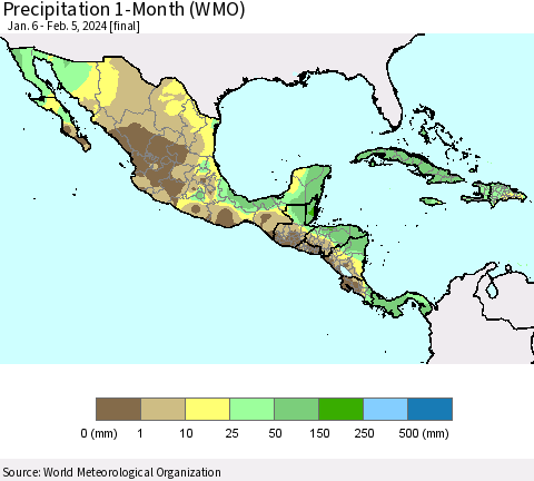 Mexico Central America and the Caribbean Precipitation 1-Month (WMO) Thematic Map For 1/6/2024 - 2/5/2024