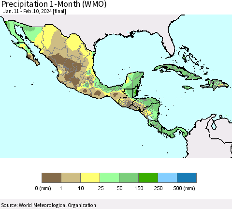 Mexico Central America and the Caribbean Precipitation 1-Month (WMO) Thematic Map For 1/11/2024 - 2/10/2024