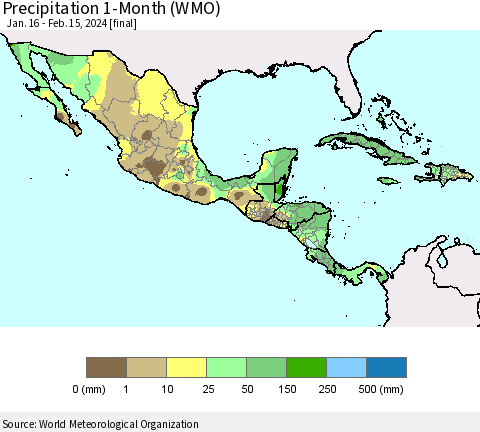 Mexico Central America and the Caribbean Precipitation 1-Month (WMO) Thematic Map For 1/16/2024 - 2/15/2024