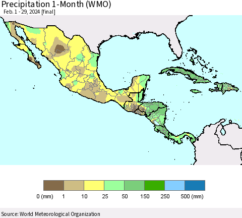 Mexico Central America and the Caribbean Precipitation 1-Month (WMO) Thematic Map For 2/1/2024 - 2/29/2024