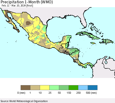 Mexico Central America and the Caribbean Precipitation 1-Month (WMO) Thematic Map For 2/11/2024 - 3/10/2024
