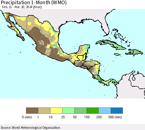 Mexico Central America and the Caribbean Precipitation 1-Month (WMO) Thematic Map For 2/21/2024 - 3/20/2024