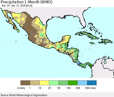 Mexico Central America and the Caribbean Precipitation 1-Month (WMO) Thematic Map For 3/16/2024 - 4/15/2024