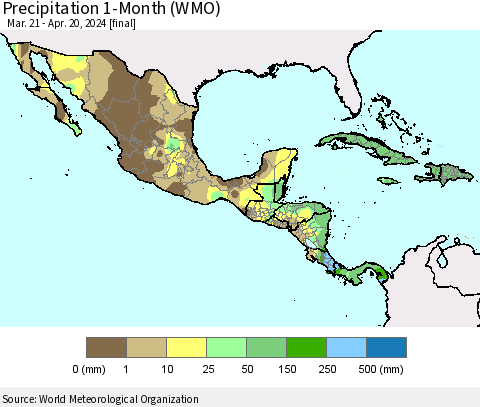 Mexico Central America and the Caribbean Precipitation 1-Month (WMO) Thematic Map For 3/21/2024 - 4/20/2024