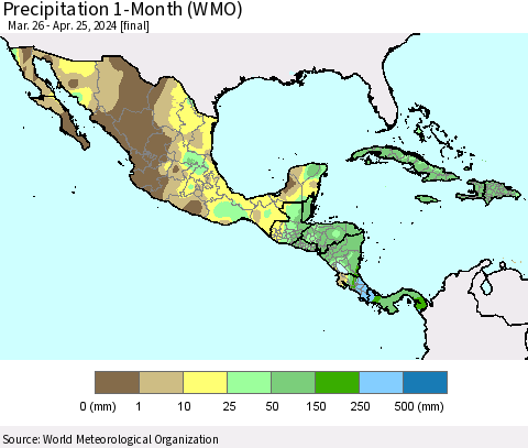 Mexico Central America and the Caribbean Precipitation 1-Month (WMO) Thematic Map For 3/26/2024 - 4/25/2024