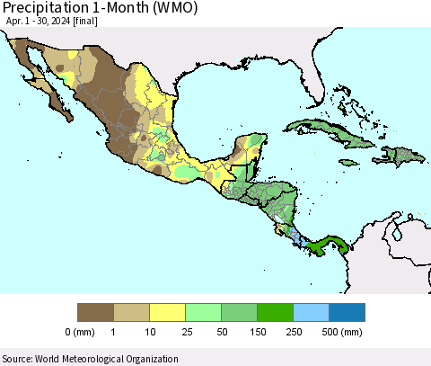 Mexico Central America and the Caribbean Precipitation 1-Month (WMO) Thematic Map For 4/1/2024 - 4/30/2024