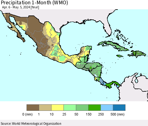 Mexico Central America and the Caribbean Precipitation 1-Month (WMO) Thematic Map For 4/6/2024 - 5/5/2024