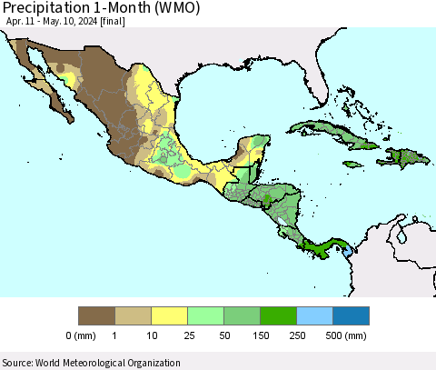 Mexico Central America and the Caribbean Precipitation 1-Month (WMO) Thematic Map For 4/11/2024 - 5/10/2024