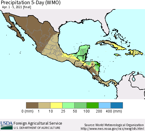 Mexico Central America and the Caribbean Precipitation 5-Day (WMO) Thematic Map For 4/1/2021 - 4/5/2021