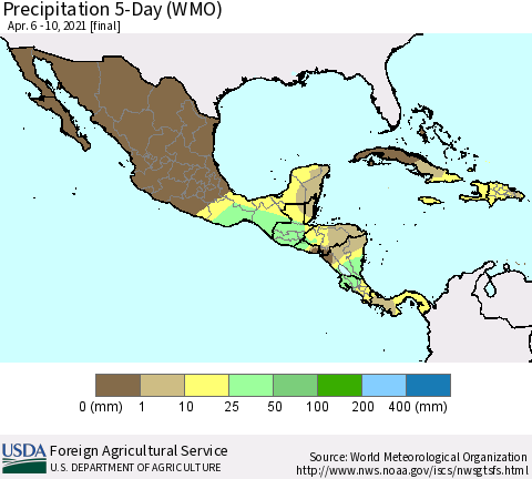 Mexico Central America and the Caribbean Precipitation 5-Day (WMO) Thematic Map For 4/6/2021 - 4/10/2021