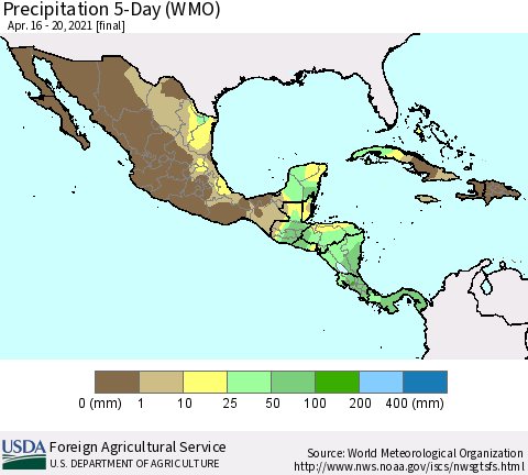 Mexico Central America and the Caribbean Precipitation 5-Day (WMO) Thematic Map For 4/16/2021 - 4/20/2021
