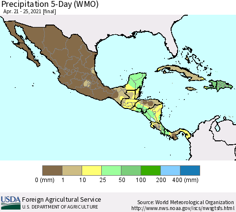 Mexico Central America and the Caribbean Precipitation 5-Day (WMO) Thematic Map For 4/21/2021 - 4/25/2021