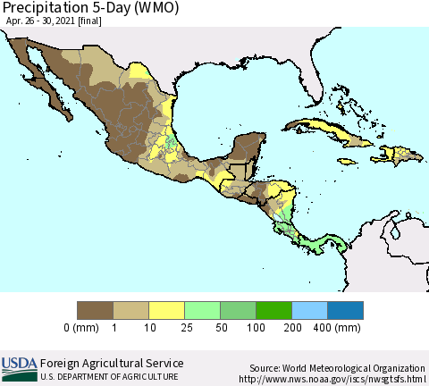 Mexico Central America and the Caribbean Precipitation 5-Day (WMO) Thematic Map For 4/26/2021 - 4/30/2021